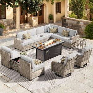 HOOOWOOO Outdoor Sectional Patio Furniture Set with Fire Pit Table